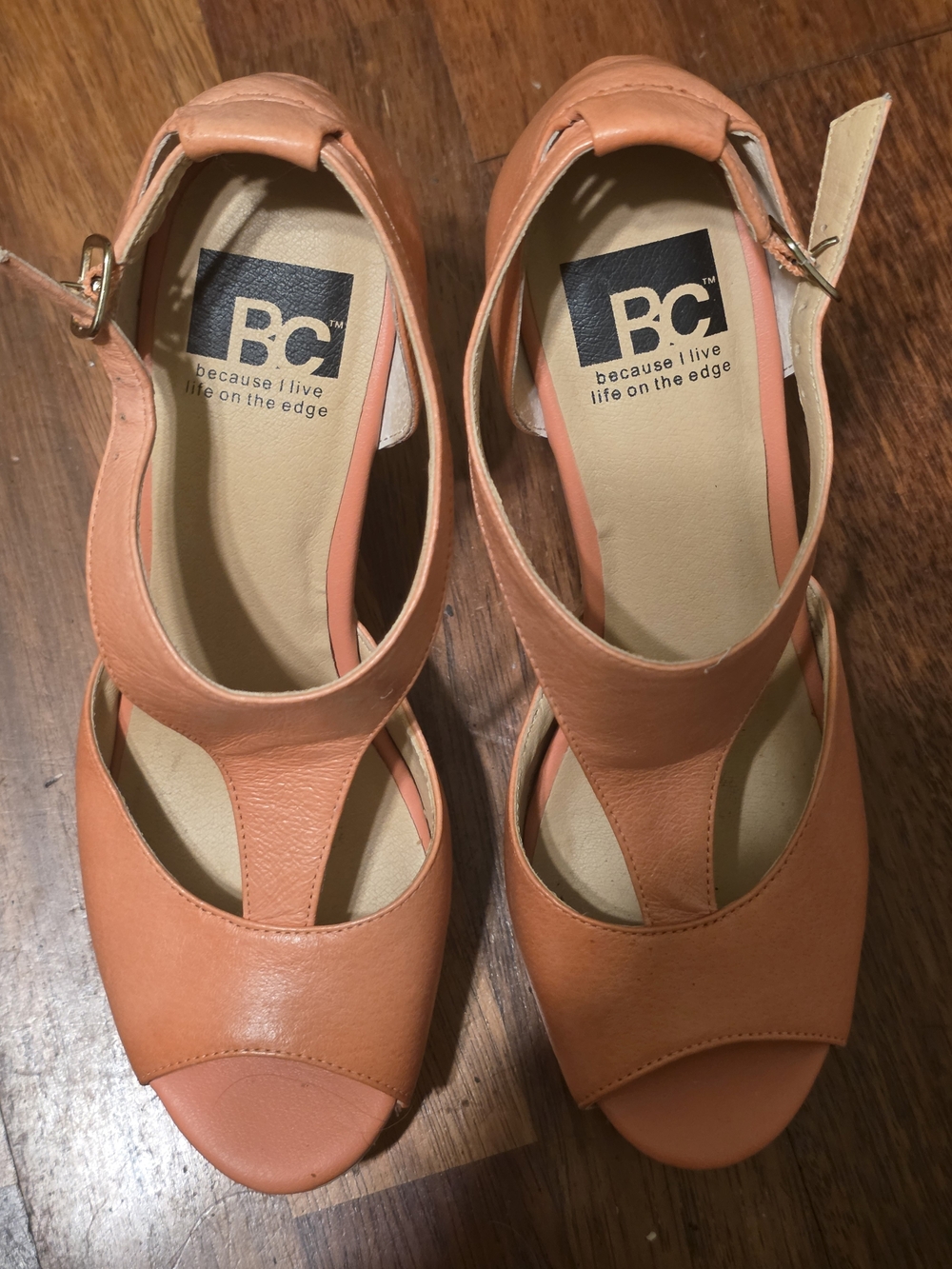 BC Footwear Peach Coral Leather  T-Strap Heels with Ankle Buckle
